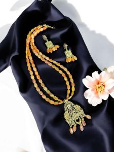 Printed glass beads necklace with oxidised gold pendants, Peacock Blue With Green