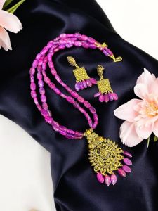 Printed glass beads necklace with oxidised gold pendants, purple with pink