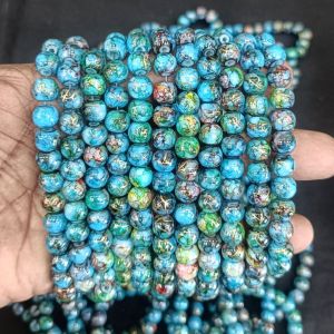 Printed Glass Beads,Sea Blue with Gold Foiled 