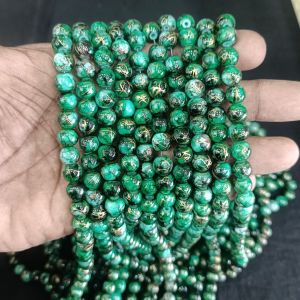 Printed Glass Beads,Green with Gold Foiled