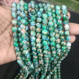 Printed Glass Beads,Sea Blue with Green And Gold Foiled 