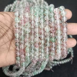 Printed Glass Beads, Green with White Double Shade ,30"(100 Beads Approx)