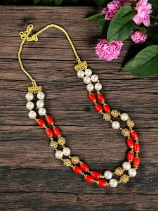 Taiwan Coral And Swarovski Replica Pearl Necklace With Antique Gold Spacers