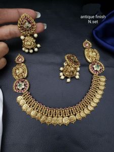 Antique Gold Finish Palakka (Kerala Style) Necklace with Earrings