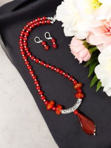 Agates And Onyx Necklace With Matching Agate Pendants Reddish Orange
