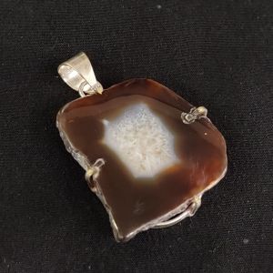 Natural Agate Slice Pendant, silver Finish ,brown