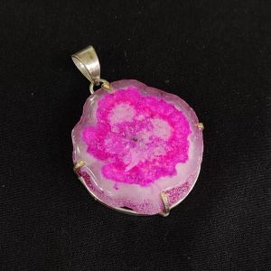 Natural Agate Slice Pendant, silver Finish ,Bright Pink