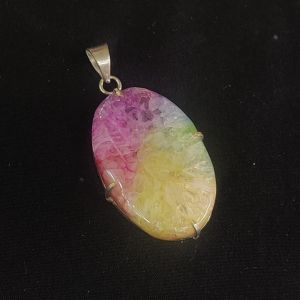 Natural Agate Slice Pendant, silver Finish ,pink with yellow dual shades