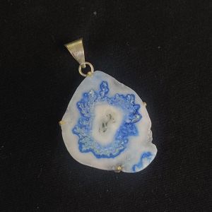 Natural Agate Slice Pendant, silver Finish ,white with blue