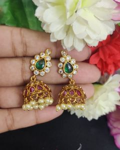 Matt finish kemp Jhumkas ( green with pink) 