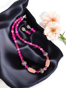 Onyx Beads with synthetic coral carved rose beads with German silver spacers with a matching earrings Yellow