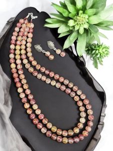 2 Layer Printed Glass Beads Necklace With Earrings Reddish Orange