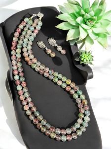 2 Layer Printed Glass Beads Necklace With Earrings Multicolour 
