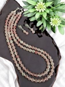 2 Layer Printed Glass Beads Necklace With Earrings Reddish Green