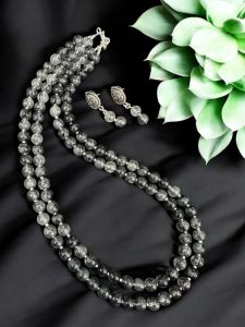 2 Layer Printed Glass Beads Necklace With Earrings Black with white shades