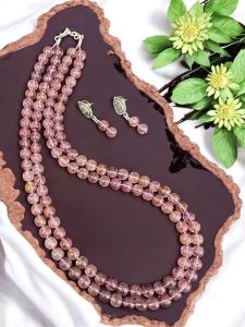 2 Layer Printed Glass Beads Necklace With Earrings Maroon with Orange shades