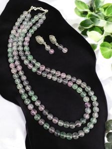2 Layer Printed Glass Beads Necklace With Earrings Black with white shades