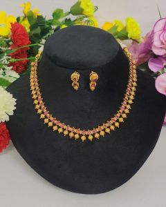 Antique Gold Finish Necklace with Earrings , Ruby Pink
