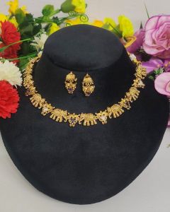 Antique Gold Finish Necklace with Earrings Purple With White