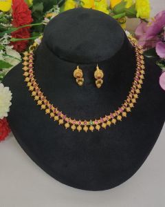 Antique Gold Finish Necklace with Earrings ,Ruby Pink with Green