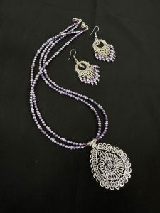 Elegant Oxidised Pendant Necklace With Glass Pearl Lavander