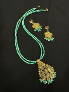 Elegant Oxidised Pendant Necklace With Glass Pearl Sea Green