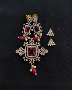 Victorian Pendant with Earrings, Ruby Pink