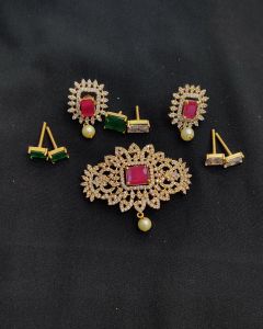 CZ pendants With Earrings, Ruby Pink, 52x35 MM