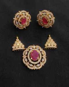 CZ pendants With Earrings, Ruby Pink, 26x24 MM
