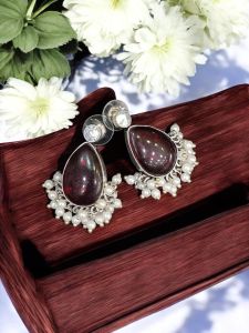 High quality silver replica earrings with Monolisa stones with pearls, Ruby Pink
