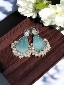 High quality silver replica earrings with Monolisa stones with pearls, Light Blue
