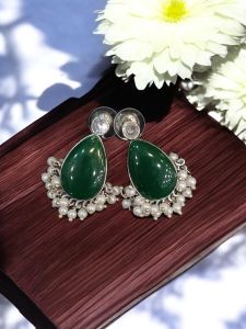 High quality silver replica earrings with Monolisa stones with pearls, Dark Green