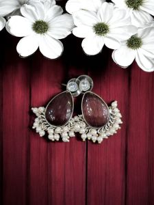 High quality silver replica earrings with Monolisa stones with pearls, Ruby Pink