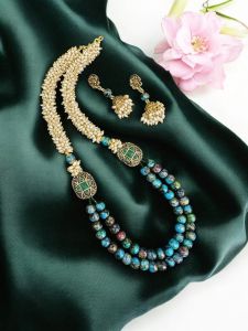 Printed glass beads with glass pearls and Victorian spacers with matching jhumka