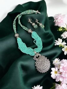 Antique silver peacock necklace with seed beads and agate beads 