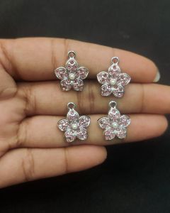 Rhinestone Charms,Flower,Silver Finish,Pink,Pack Of 4 Pieces