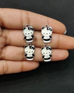 Metal Enamel Charms, Kitty, Black, Silver Finishing, Pack Of 4 Pieces