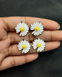 Metal Enamel Charms,Flower,White,Silver Finishing, Pack Of 4 Pieces