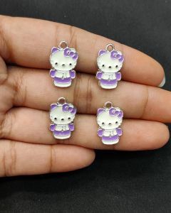 Metal Enamel Charms,Kitty,Violet,Silver finishing, Pack Of 4 Pieces