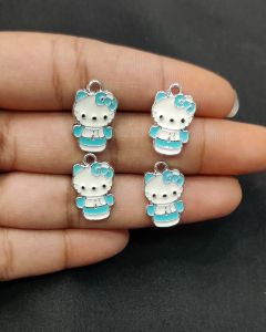 Metal Enamel Charms,Kitty,Sky Blue,Silver Finishing, Pack Of 4 Pieces