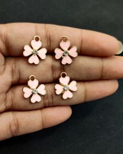 Metal Enamel Charms,Flower,Pink,Gold finishing, Pack Of 4 Pieces