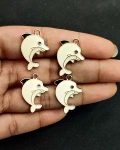 Metal Enamel Charms,Dolphin,White,Gold finishing, Pack Of 4 Pieces