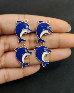 Metal Enamel Charms,Dolphin,Blue,Gold finishing, Pack Of 4 Pieces