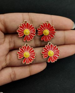 Metal Enamel Charms,Flower,Red,Gold finishing, Pack Of 4 Pieces