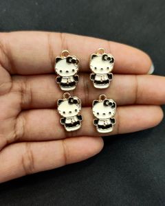 Metal Enamel Charms,Kitty,Black,Gold Finishing, Pack Of 4 Pieces