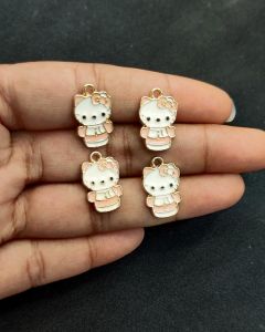 Metal Enamel Charms,Kitty,Pink,Gold Finishing, Pack Of 4 Pieces