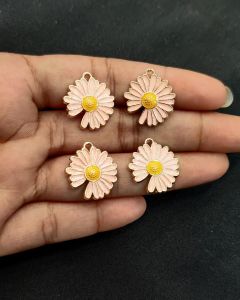 Metal Enamel Charms,Flower,Pink,Gold finishing, Pack Of 4 Pieces