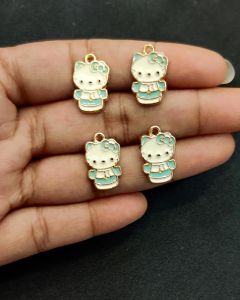 Metal Enamel Charms,Kitty,Sky Blue,Gold Finishing, Pack Of 4 Pieces
