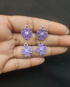 Metal Enamel Charms,Flower,Purple,Silver Finishing, Pack Of 4 Pieces