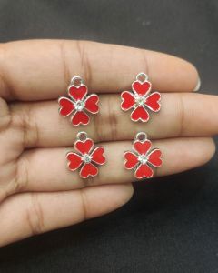 Metal Enamel Charms,Flower,Red,Silver Finishing, Pack Of 4 Pieces
